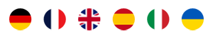 Flaggensymbole für Deutsch, Franz&oumlsisch, Englisch, Spanisch, Italienisch, Ukrainisch
